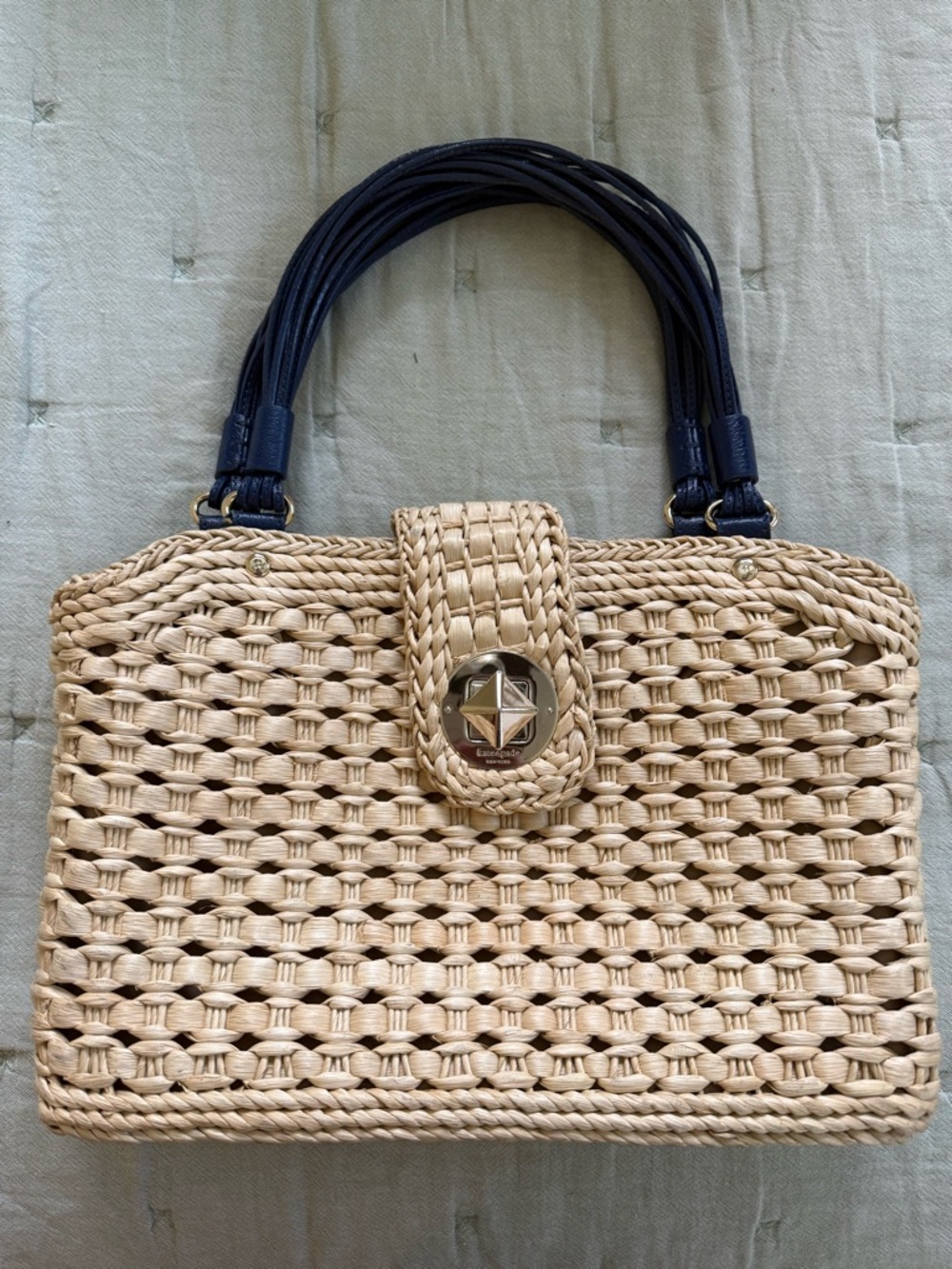 kate spade Natural Woven Tote with Navy Handles